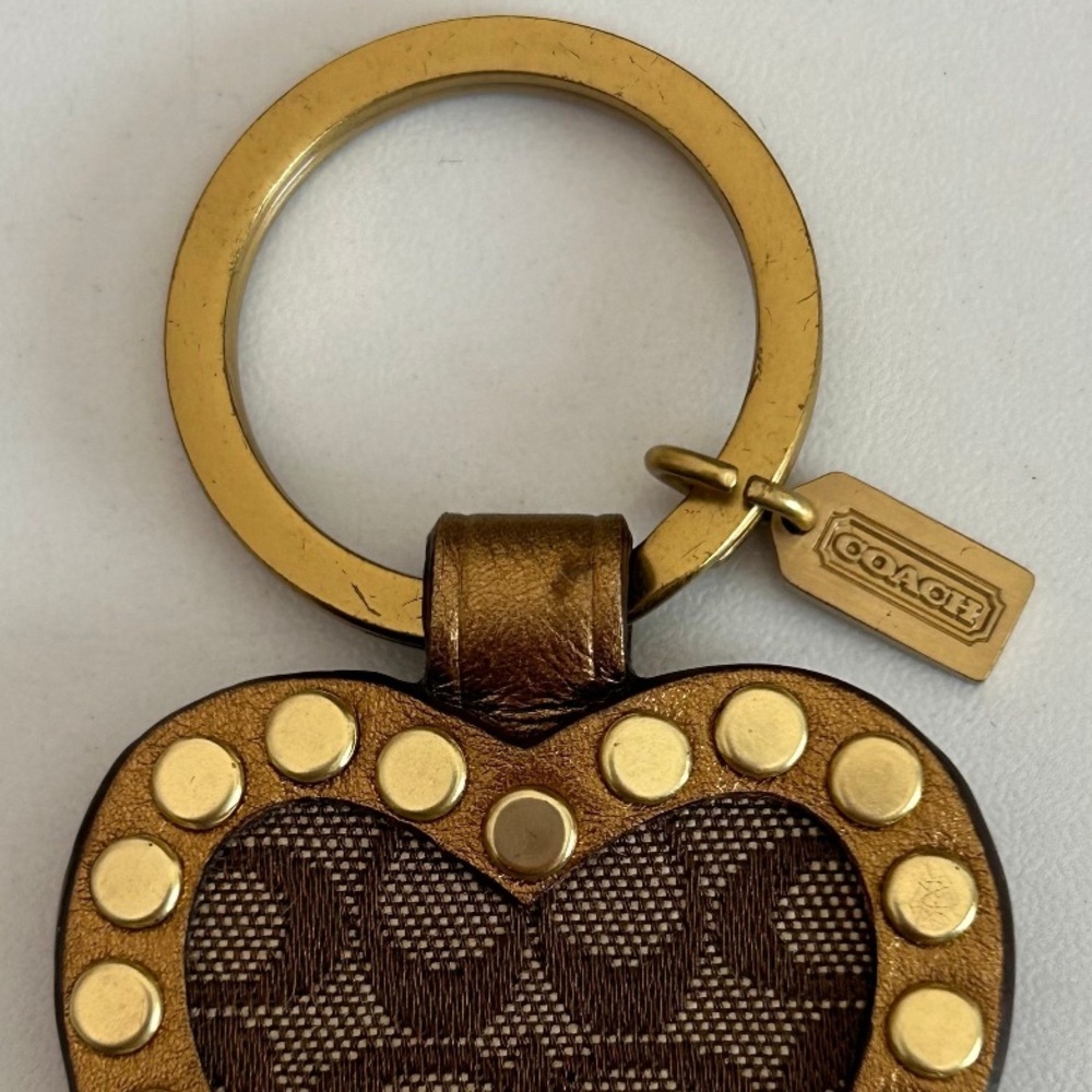 Coach Brown Heart Keychain with Gold Studs - Picture 2 of 5